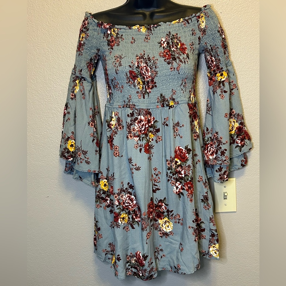Blue Rain Floral Off-the-Shoulder Long Sleeve Flowy Mini Dress Boho Prairie Sz S